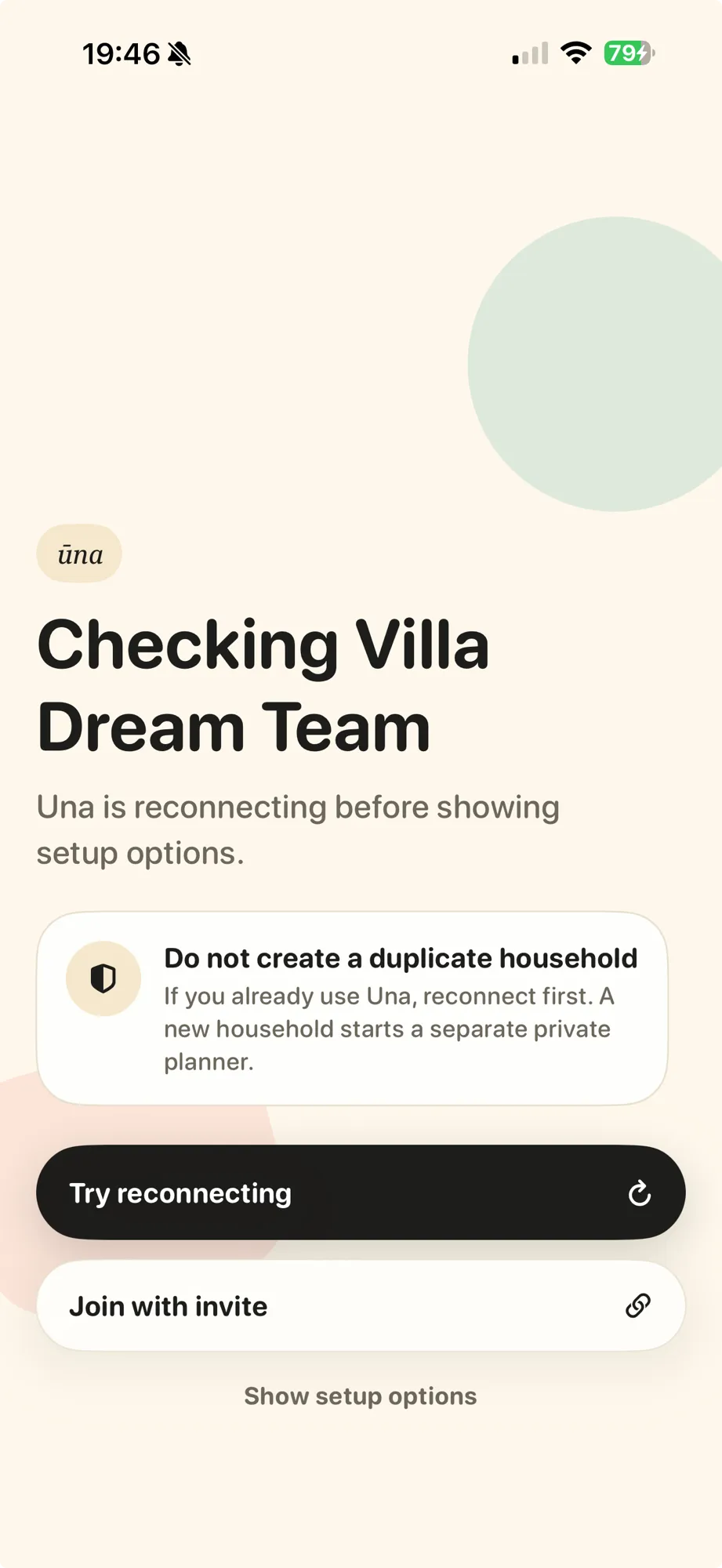 Ūna “Checking your household” reconnect screen with a Try reconnecting button