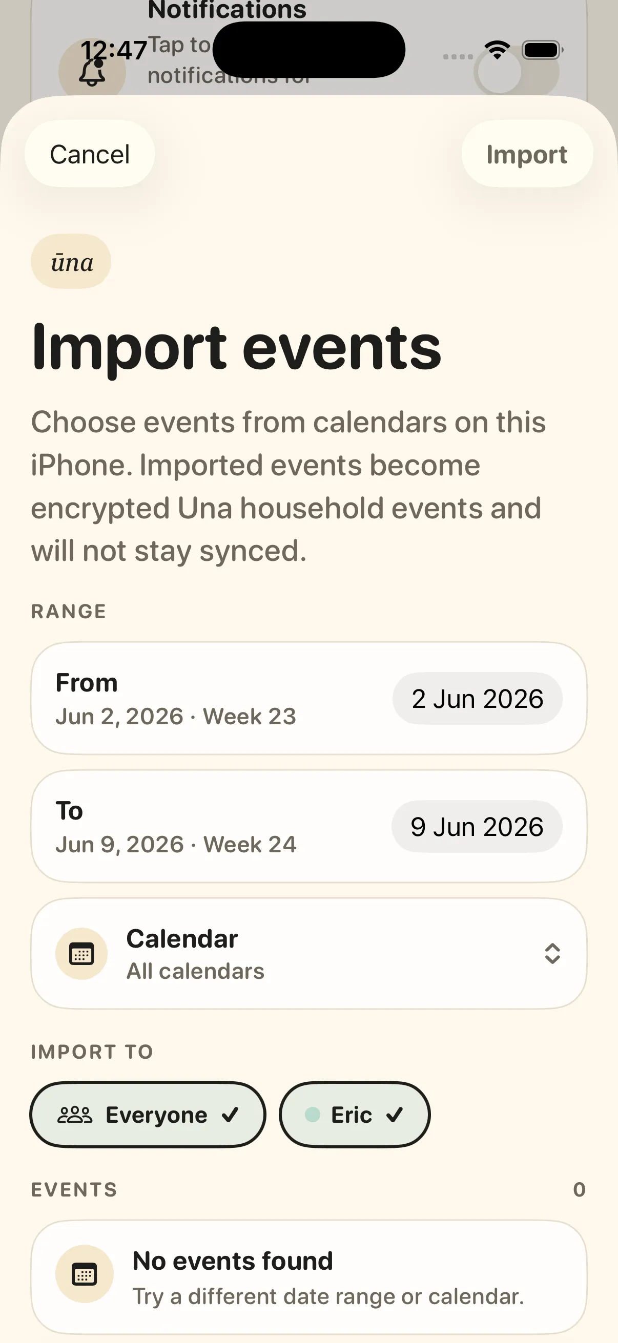 Choosing a date range, calendar, and who the imported events are for