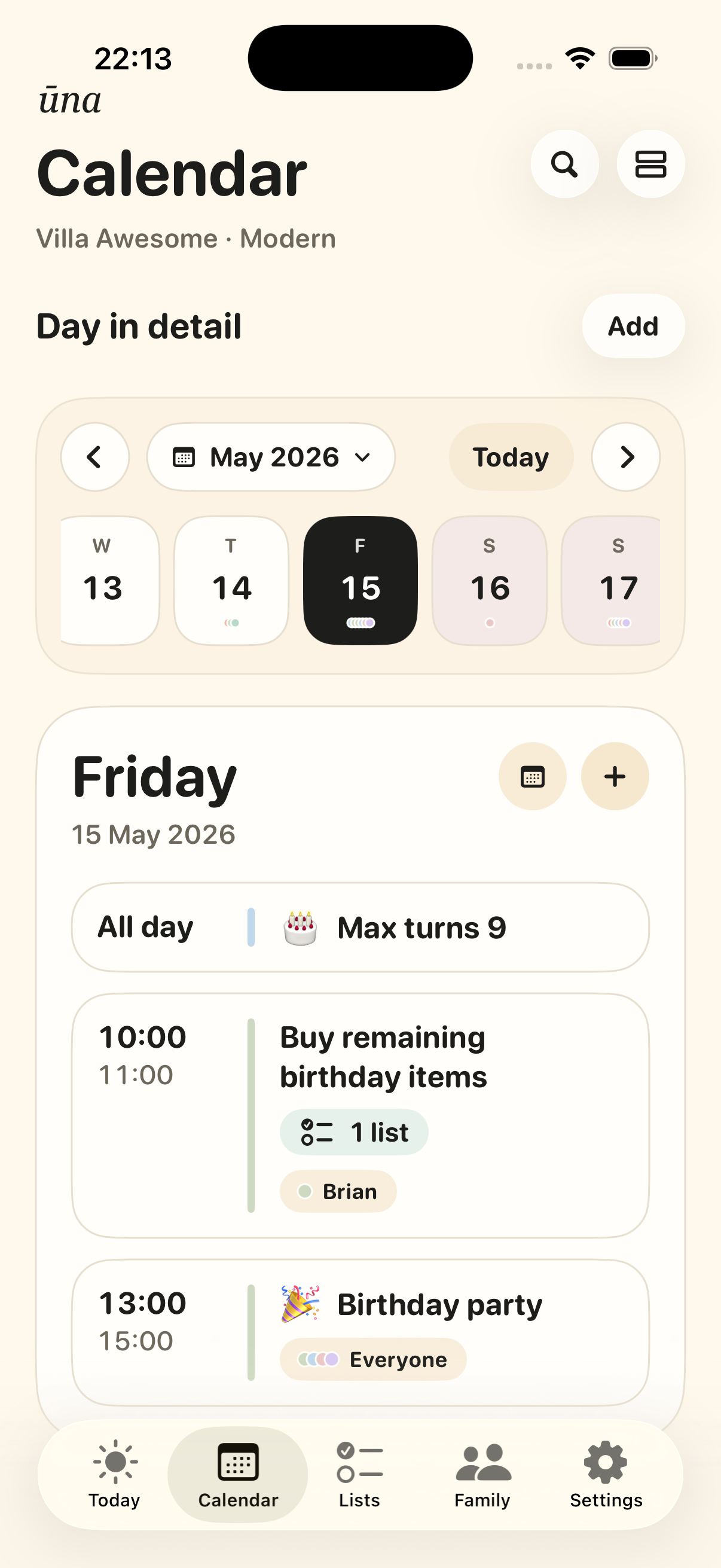 Ūna calendar view with day squares and a Friday agenda