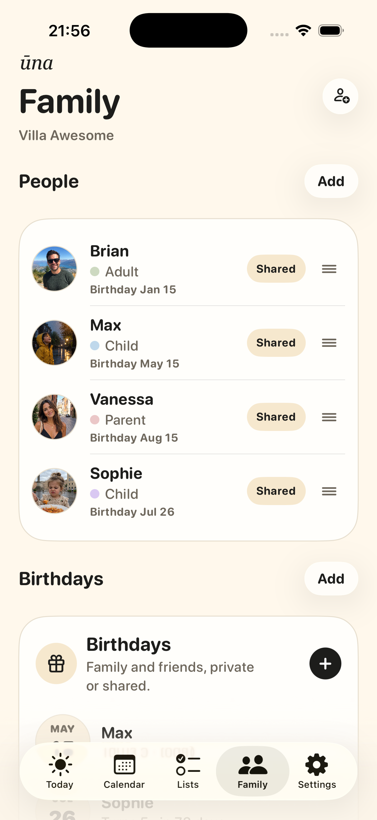 Ūna family view with photo profiles for Brian, Max, Vanessa, and Sophie