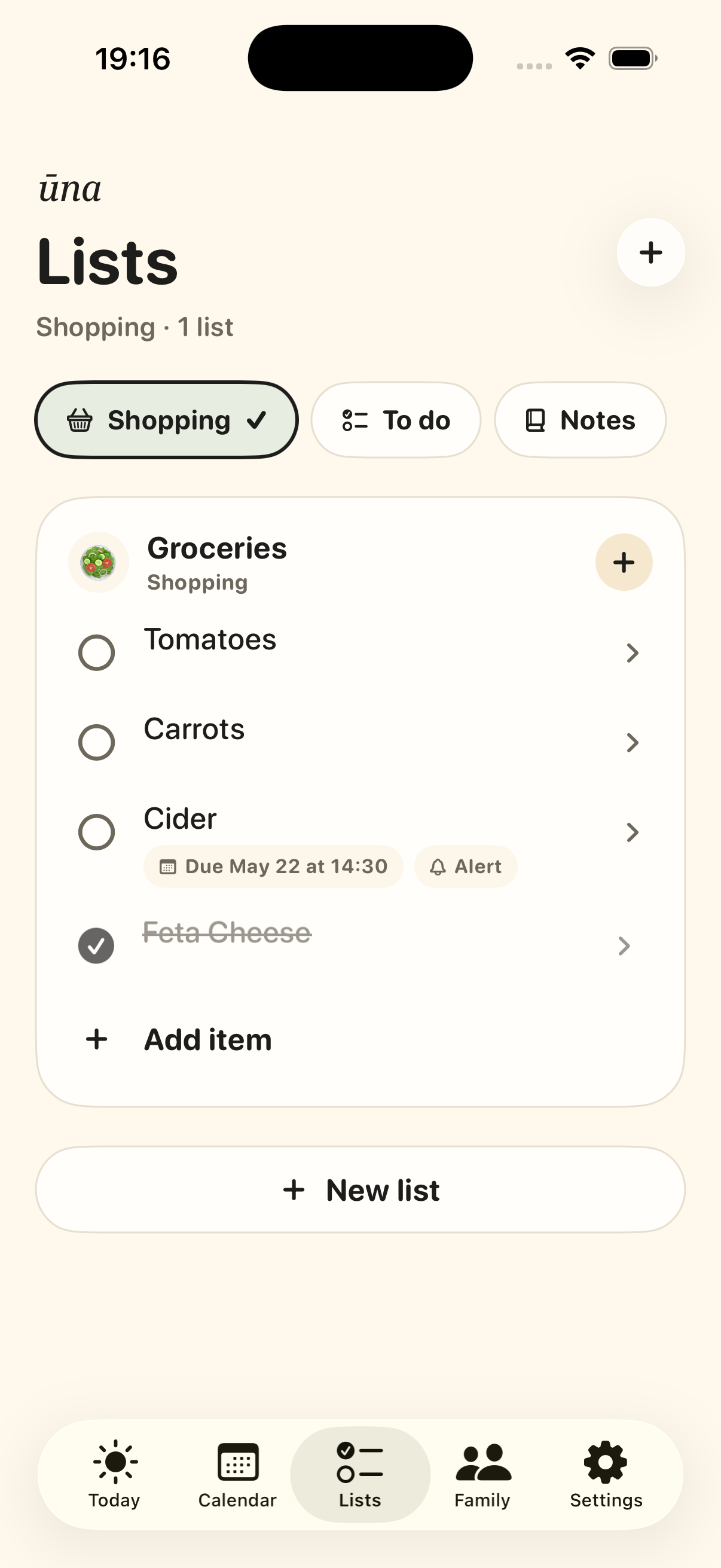 Ūna shopping list — tomatoes, carrots, cider with a due time, and feta cheese ticked off